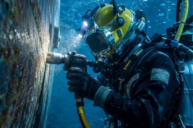 Commercial diver carrying out underwater ship hull inspection